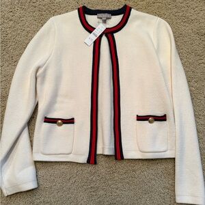 J. Crew Women's Cream Cardigan with Navy and Red Trim, Large
